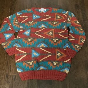 Izod Club Women’s Vintage 100% Cotton Hand Knit Aztec Sweater L Beaded Boho